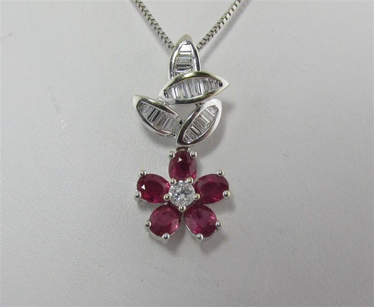 (I-560-515A) WHITE GOLD DIAMOND AND RUBY PENDANT WITH WHITE GOLD CHAIN