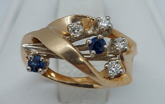 (N80379-1) 14k Yellow Gold Ladies Ring 4 Diamonds & 2 Blue Stones