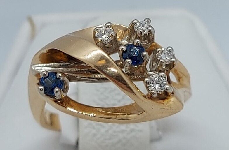 (N80379-1) 14k Yellow Gold Ladies Ring 4 Diamonds & 2 Blue Stones