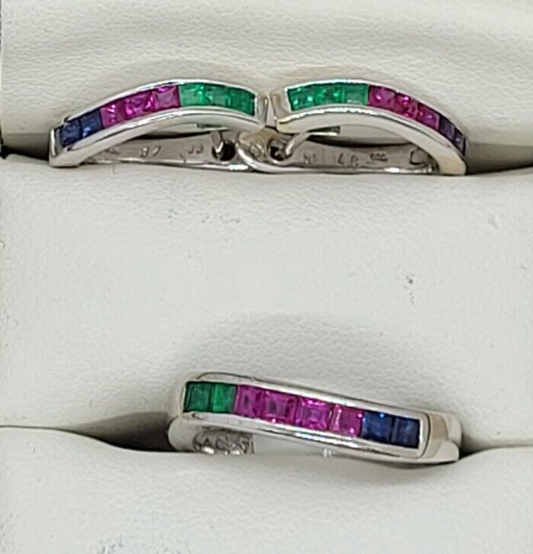 (NI-1604) Ladies 18K White Gold Tri Colored Stone Ring & Hoop set